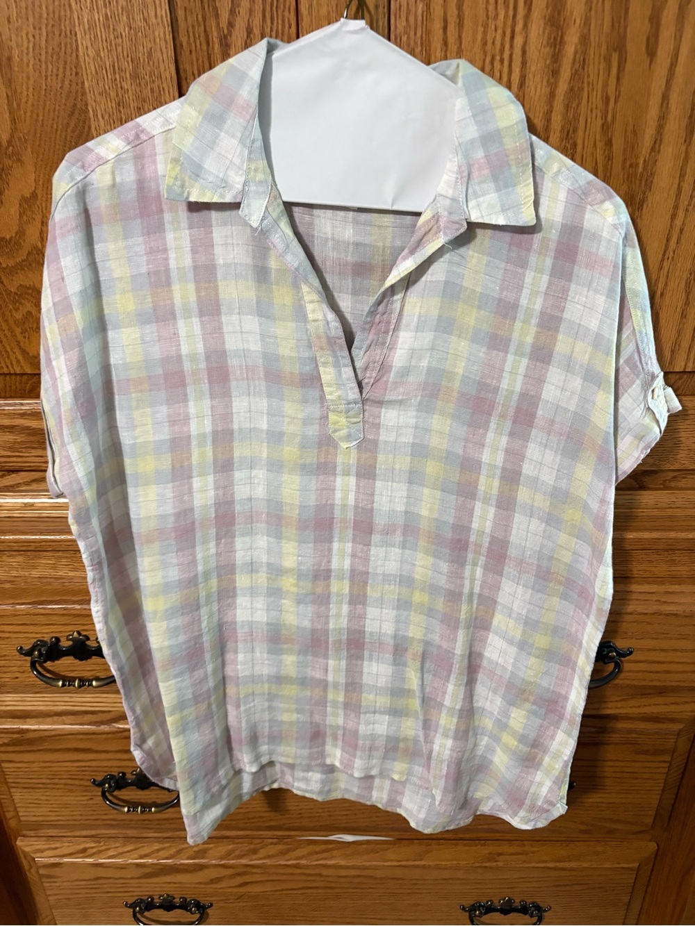 Isaac Mizrahi Pastel Plaid Linen V-Neck Tunic in Yellow & Purple